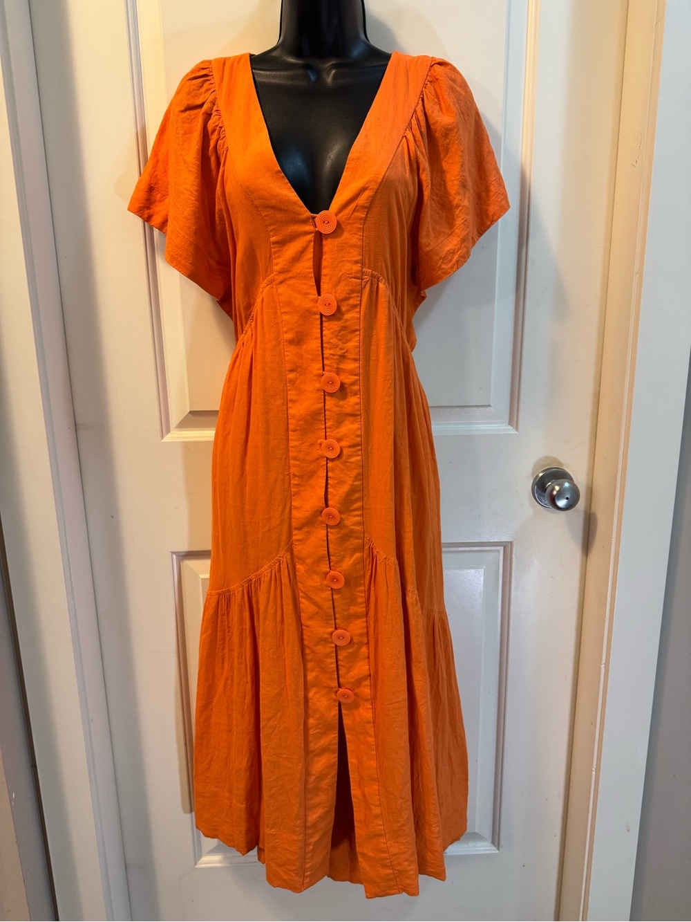 By Anthropologie Reneé Flutter-Sleeve Orange Linen Button-Front Midi Dress - XL - Picture 7 of 10